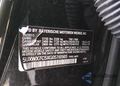 2016 BMW X3 xDrive35I z USA, uszkodzony, nr VIN 5UXWX7C5XG0S16565